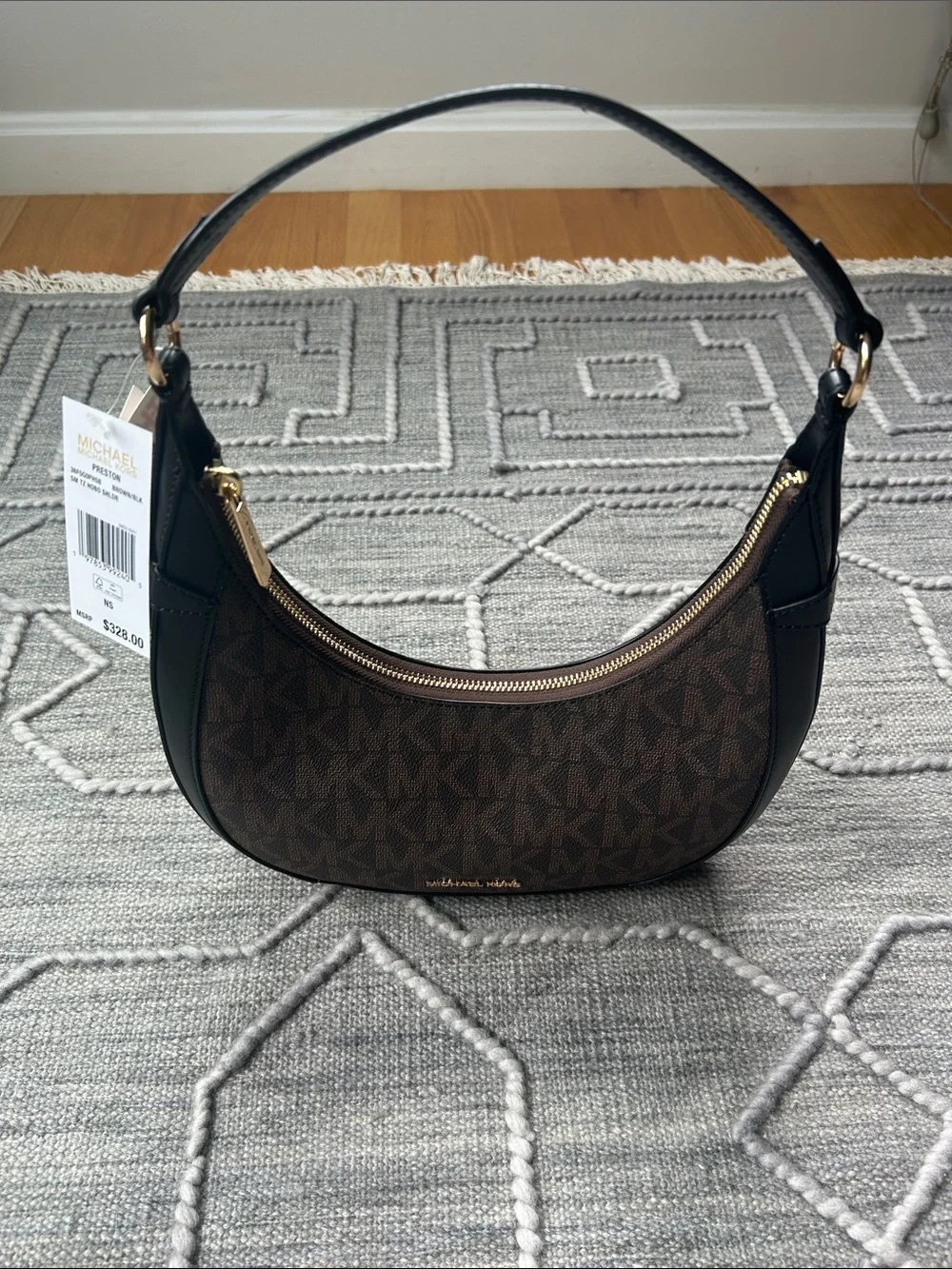 Michael Kors Preston Small Hobo Crescent Shoulder Bag in Brown MK Coated Canvas